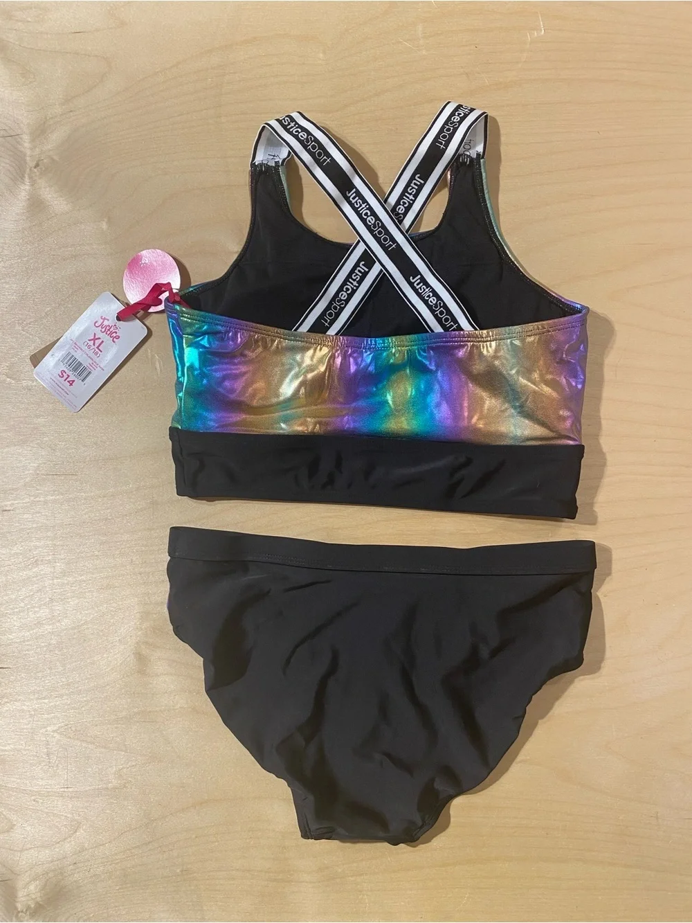 Justice Sport Girls' Holographic Gold Rainbow Sports Bra & Bikini Set XL (RF)